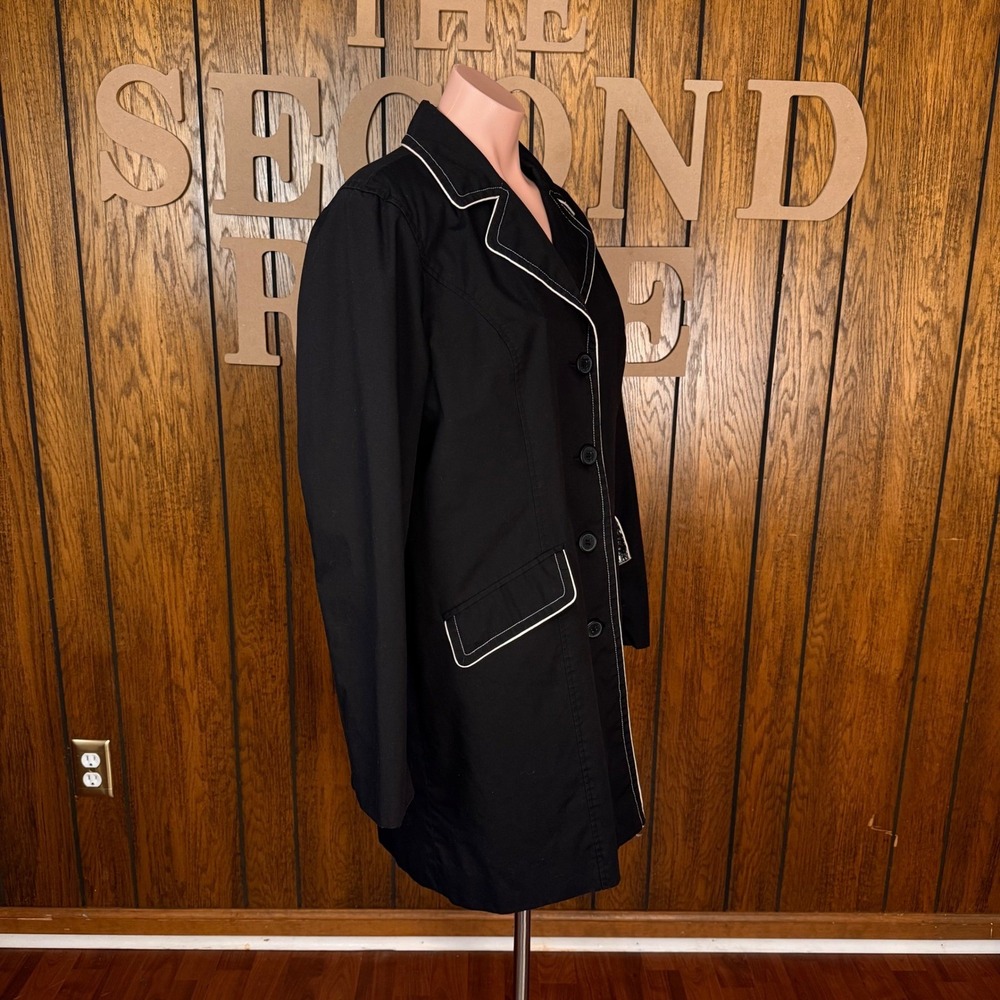 Y2K Black Trench Coat Dennis Basso Women L Contrast Piping Preppy Mod Minimalist - Picture 4 of 6